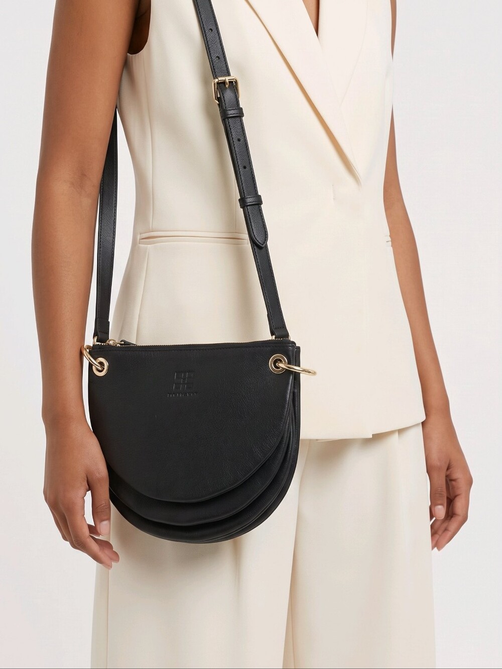 TIC TAC TOE Black Leather Crossbody Bag with Gold Ring Detail